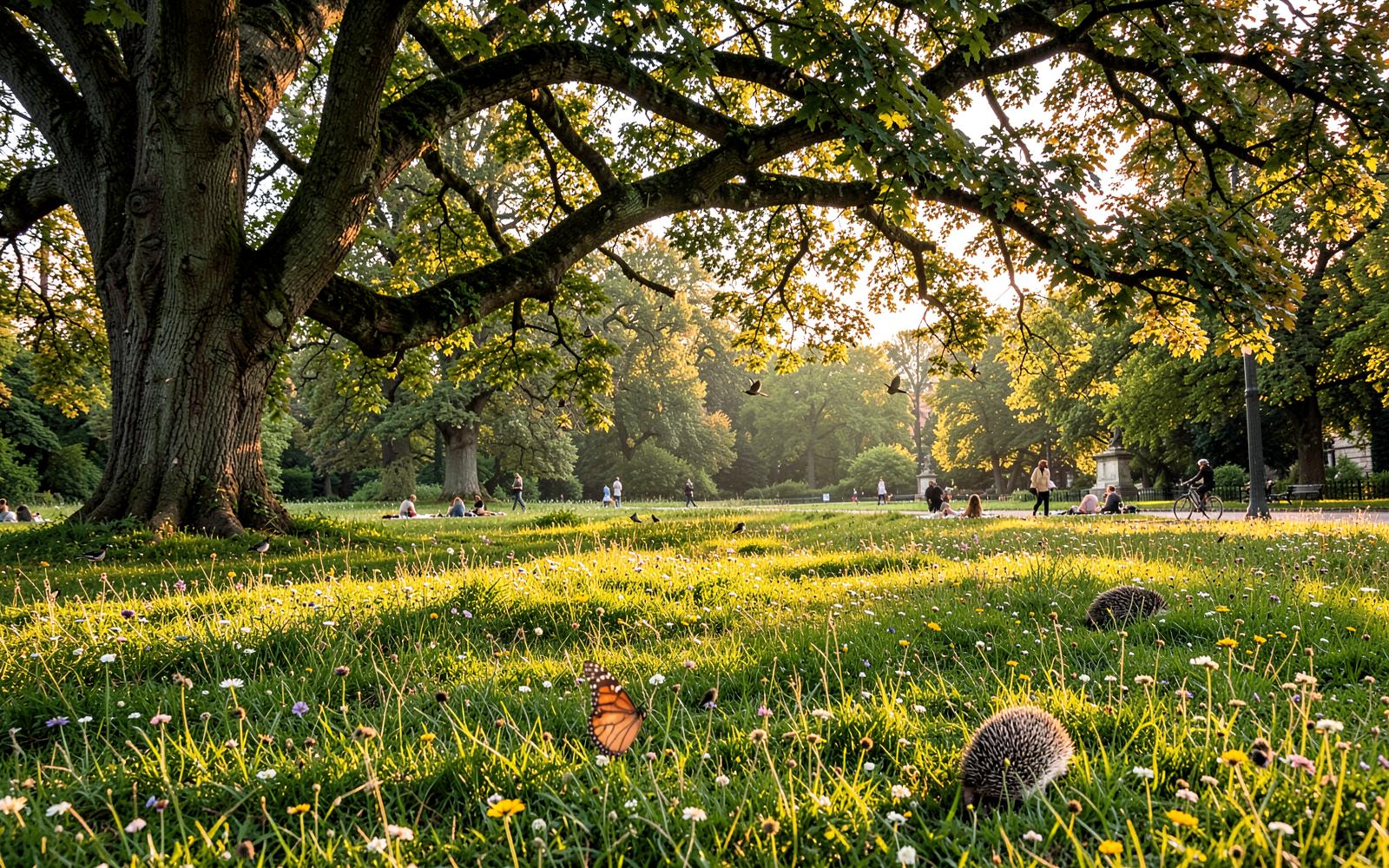 Park Tivoli kot ekosistem: drevesa, travnik, čebele, metulj, ježa, ptice in ljudje